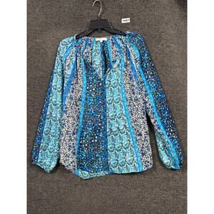 Rose & Olive Floral Tunic Blouse Womens Size L Blue Multi Long Sleeve Bohemian